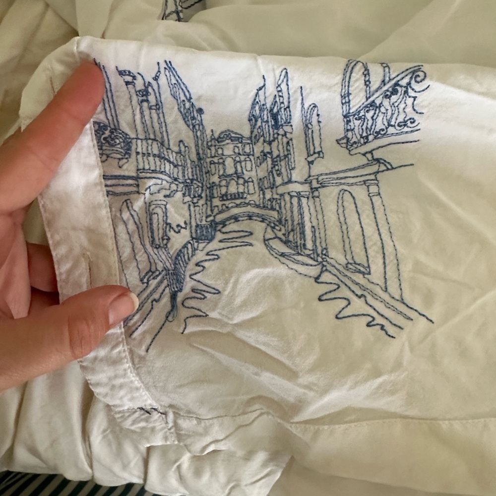 White Button-Up Shirt with Blue Embroidered City Motif. Italy embroidered.